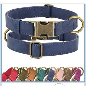 New Didog‎ Leather Dog Collar Blue Size M Metal Buckle Adjustable Sturdy Ring